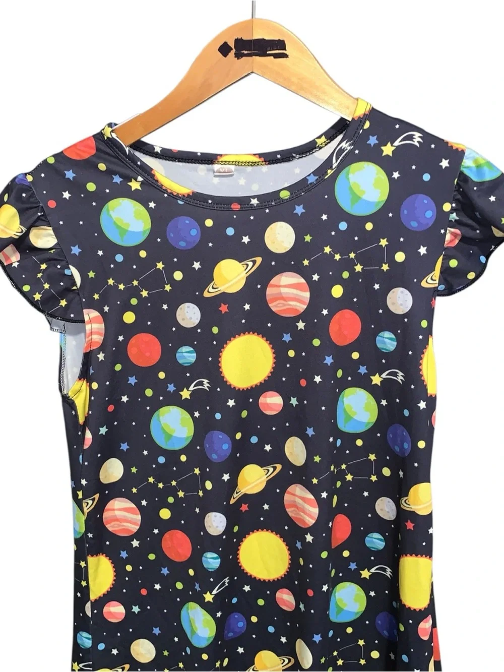 Girls XL Space Planet Print Dress Black with Yellow & Multicolor Planets